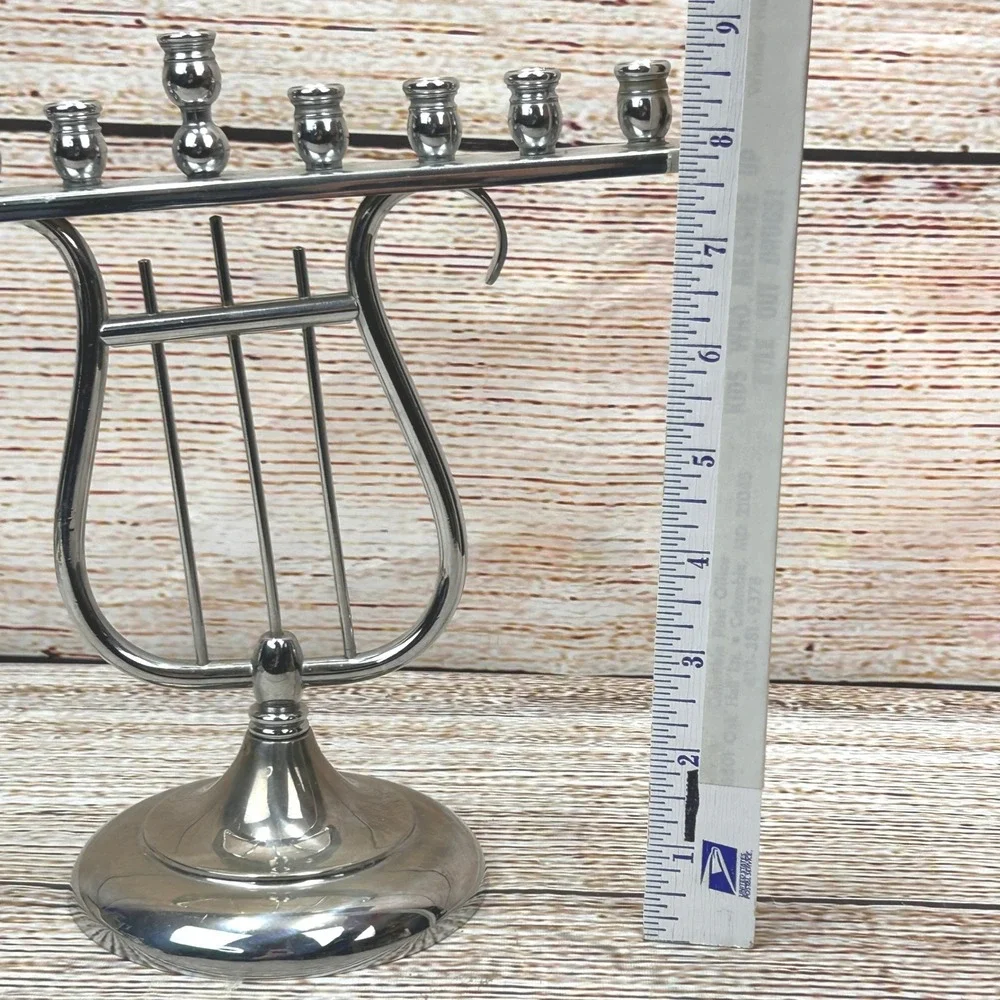 Vintage R.C. Silver‎ Tone Lyre Harp Hanukkah Tilted Menorah Chanukiah